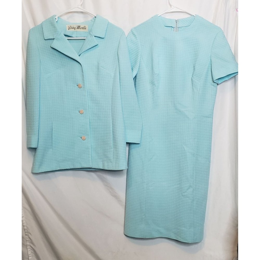 Vintage Dress Coat Suit Briny Marlin Pastel Blue Textured Polyester Size Small